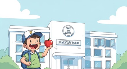 An excited young boy with a backpack holds up a red apple in front of his elementary school on a sunny day.