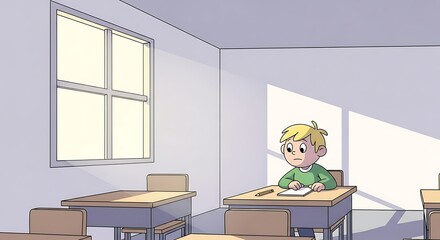 A young boy sits at a desk in a classroom, looking thoughtfully at a piece of paper. Sunlight streams through the window.