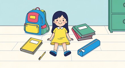 Cartoon illustration of a young girl sitting on the floor surrounded by school supplies like a backpack, books, and a pencil case.
