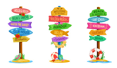 Summer beach wooden signboard, vacation sign board signage. Cartoon vector tropical signposts with fun holiday themed directions, decorated with flowers, flip flops, balls and seaside accessories