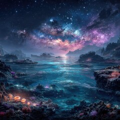 Naklejka premium Starry Night Landscape Over Glowing Waterscape