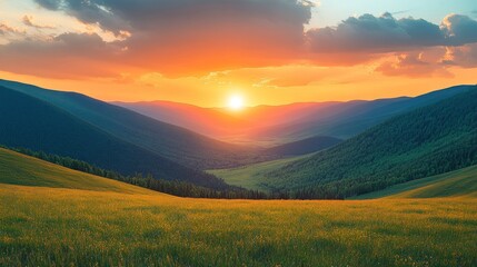 Fototapeta premium Majestic mountain sunset over a vibrant meadow