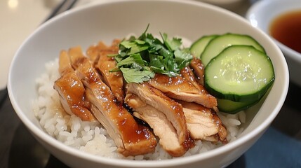 Steamed chicken over fragrant rice, served with garlic-ginger sauce, clear chicken broth, and cucumber slices on the side.