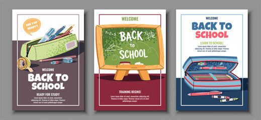 Back to School Poster Set. Banners with Pencil Case, Stationery and Blackboard in Flat Design. Perfect for Educational Branding, Ads, online Learning and school Decor. Template for flyer, invitation
