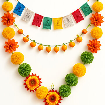 Nepali Festival Garlands with Marigold Flowers and Prayer Flags