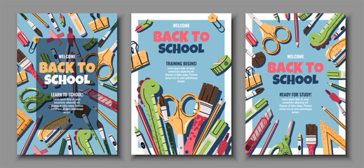 Back to School Poster Set with various pens, pencils and stationery in Flat Design. Ideal for Education, Classroom Decor, online Learning and Student Organization Projects. Cover for banner, flyer