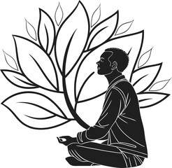 Buddha statue silhouette with man silhouette in a floral meditation scene