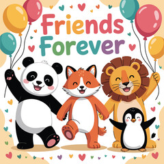 Naklejka premium International Friendship Day 2025: Friends Forever, Joyful Animals. Adorable panda, fox, lion, and penguin holding hands with balloons, symbolizing lasting and happy friendships.