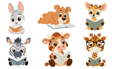 A set of vector illustrations in a simple children's style. Cute animals reading books, zebra bear rabbit giraffe giraffe fawn and calf on white background. Vector illustration
