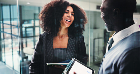 Laughing, man and woman with tablet, business or happy with performance of campaign on social media. Online, colleagues and people with tech for digital marketing, smile and success on website or app