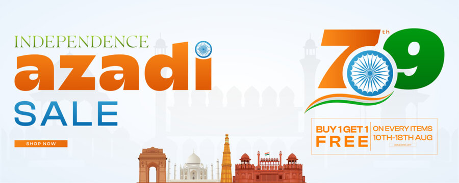 15 August Sale. Celebrating 79 years of. Indian Independence Day Sale Banner, buy 1 get 1 offer. India Independence Day sale. 15th August. Poster, Sale, offer. 
