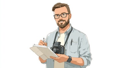 A cartoon illustration of a smiling, light-skinned man with a beard, glasses, and a camera around his neck, writing in a notepad