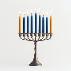 Glowing menorah with blue and gold candles, symbolizing Hanukkah, on white background. flames create warm and festive atmosphere