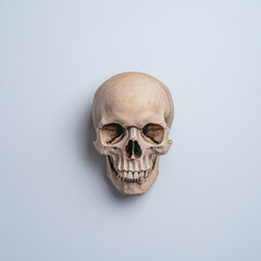 Obraz premium Close up of human skull with gothic aesthetic, set against plain light background, creating eerie and mysterious atmosphere