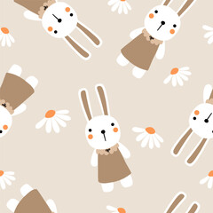 Seamless pattern with cute rabbit in a dress and daisy on light brown background for your fabric, children textile, nursery decoration, gift wrap paper, kids bedding.