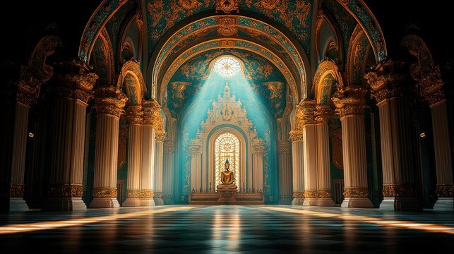 Majestic temple interior, bathed in golden light