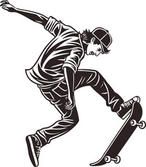 Dynamic Skateboarder Illustration: Black and White Graphic Design