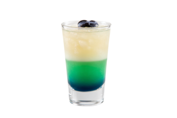 a blue and green drink with a blue berry in it