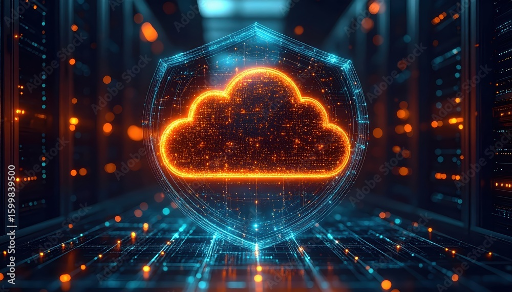 Poster high tech digital cloud storage security server data network cloud computing technology concept