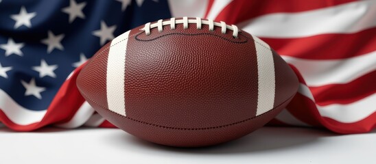 American football in front of an American flag background.