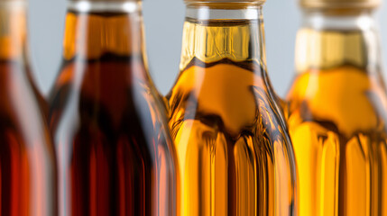 Close-up of wine bottle row, glass reflections, amber liquid tones, elegant beverage presentation.