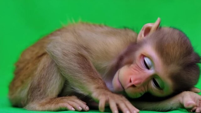 A monkey resting its head on its hand against a plain green background in a studio setting green screen animal video