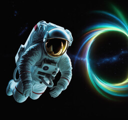 Astronaut floating in deep space next to glowing colorful wormhole in futuristic science fiction space exploration concept