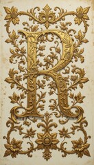 Ornate Gold Letter R with Floral Design
