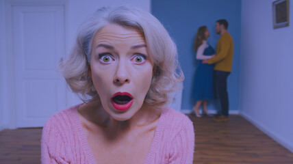 A shocked Caucasian older woman with white hair stares wide eyed at the camera while a young couple are hugging in the background, concept for disapproving mother in law or unexpected family tension