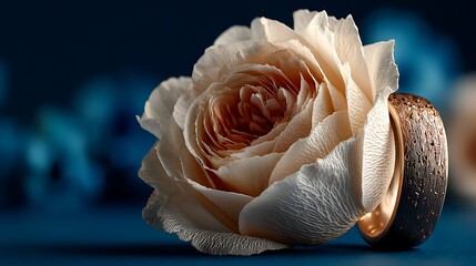 A delicate cream-colored rose paired with a sophisticated textured gold ring, symbolizing love and commitment, set against a blurred, moody blue backdrop.