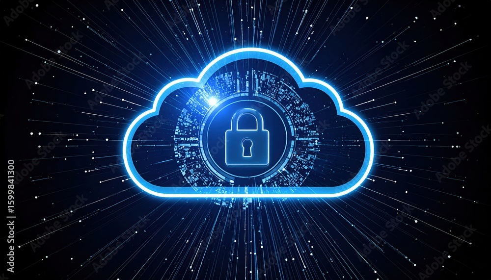 Poster digital cloud security lock icon with cyber technology background representing data privacy and clou