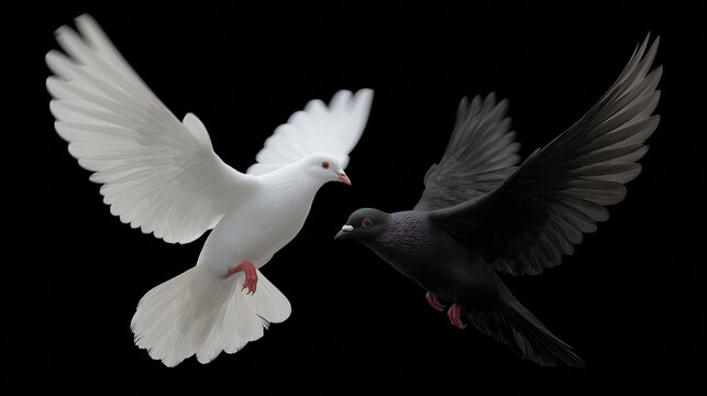A white dove and a black dove meet mid-flight while flying on dark background, concept for duality and balance