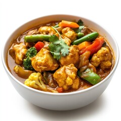 A delicious and healthy dinner with traditional chicken curry and beef stew served in a bowl with rice and vegetables