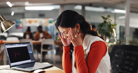 Woman, laptop and headache in office with stress, creativity burnout and massage temples for...