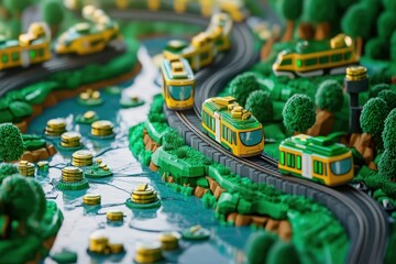 Fototapeta premium Miniature landscape scene with trains and waterways.