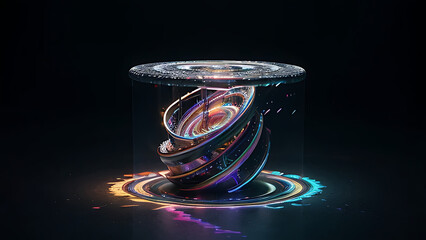 Abstract Swirling Holographic Disc with Futuristic Floating Object Design