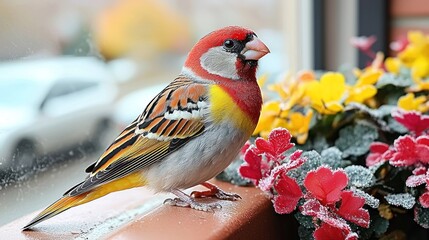 Vibrant Crimson Finch Perched Amongst Frosty Flowers