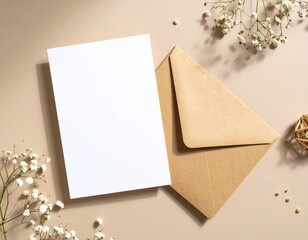 Elegant beige envelope with blank white card, surrounded by delicate white flowers on a soft neutral background for greeting cards and wedding invitations