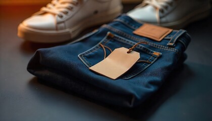 Folded Jeans with Sneakers and Branding Tag on Black Surface
