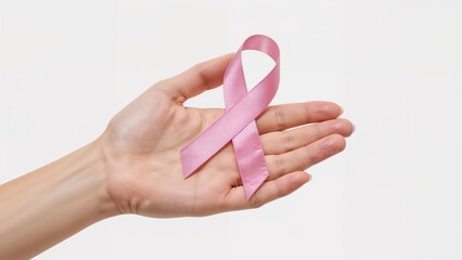 Photorealistic image of a woman's hand holding a pink ribbon symbolizing breast cancer awareness. Clear background with soft lighting. Powerful message of support, hope, and health.