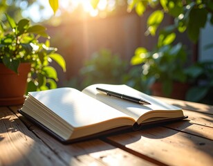 Open blank notebook with a pen resting on it, placed on a rustic wooden table outdoors during warm sunlight, surrounded by lush green plants and leaves, capturing a tranquil and inspiring workspace