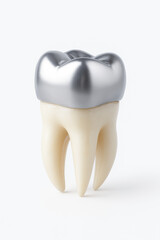 Dental care concept showing decayed tooth with silver dental crown treatment for protection and restoration of tooth function and appearance in clean white background