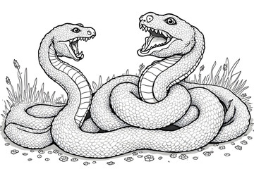 Fototapeta premium Two Snakes Intertwined with Open Mouths in Black and White Illustration
