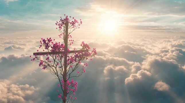 Christian cross on beautiful spring field with flowers at sunrise. Resurrection of Jesus, crucifixion. Easter morning, Good Friday. Peace and hope. Religion and Christianity concept