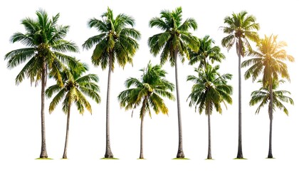 Isolated coconut palms against a white background.  Tropical trees
