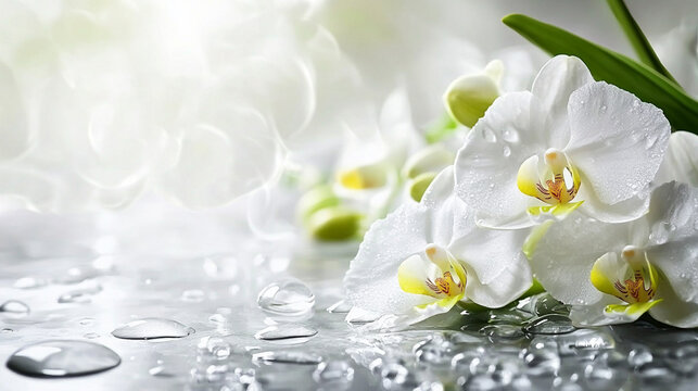 Delicate white orchids with water droplets - Powered by Adobe