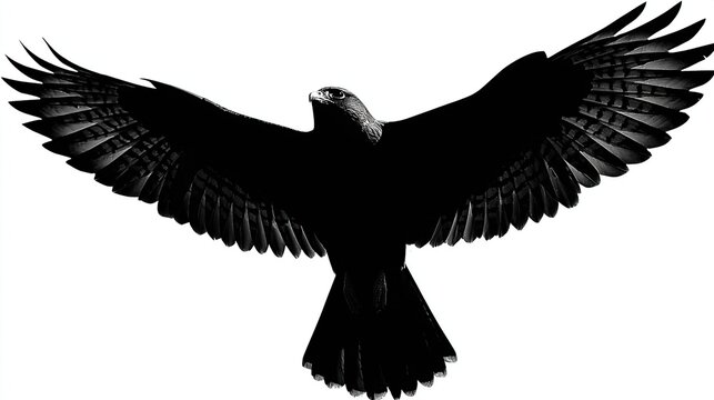 A black silhouette of a raptor in full flight, wings outstretched against a white background - Powered by Adobe