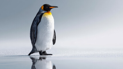Fototapeta premium Emperor penguin standing tall with icy water reflection ideal for Arctic wildlife blogs cold climate posters animal facts and nature features