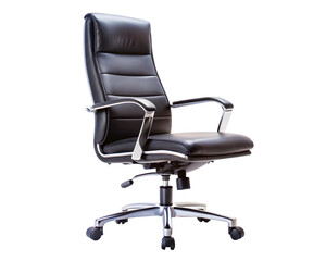 Ergonomic black leather office chair with chrome accents on transparent background