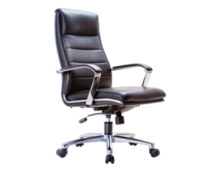 Ergonomic black leather office chair with chrome accents on transparent background